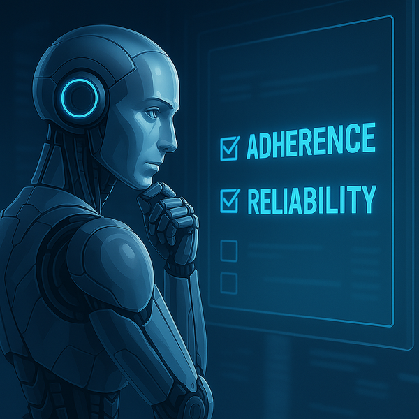 An AI agent reflecting on a digital checklist, reviewing adherence and reliability.